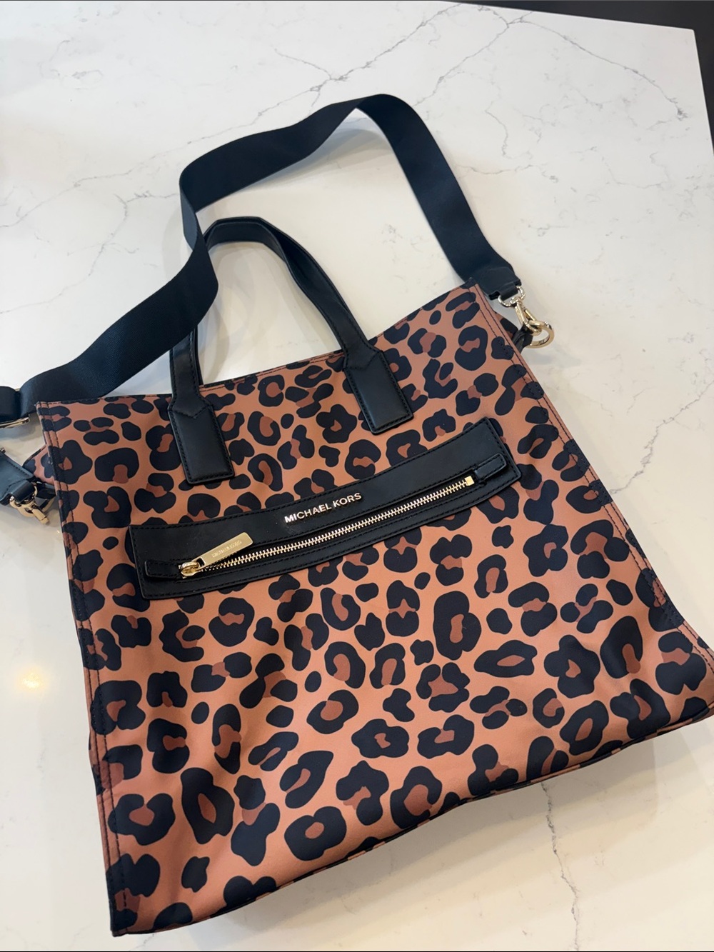 Michael Kors Leopard-Print Tote in Brown and Black with Gold Hardware